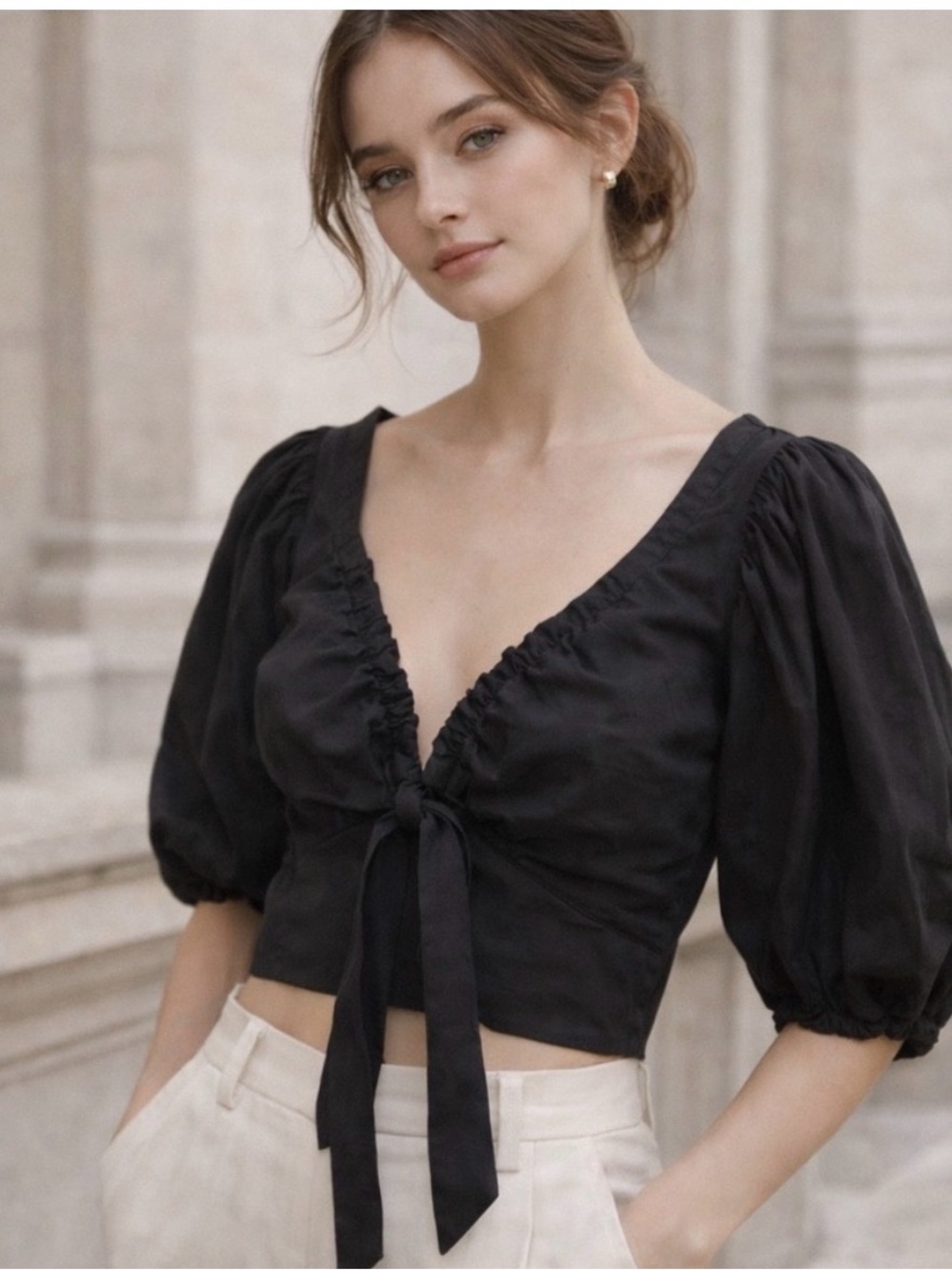 A&F Black Tie-Front Puff Sleeve Top, Size S